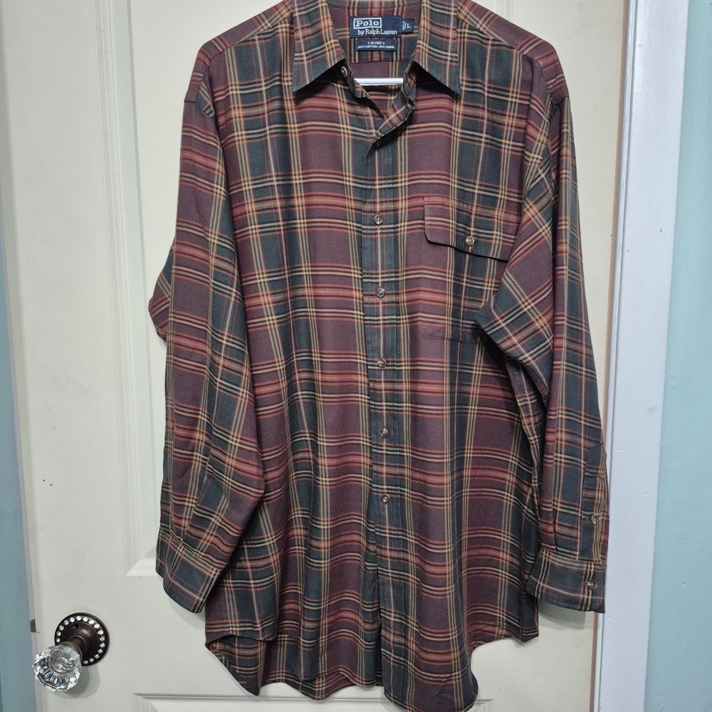 Polo Ralph Lauren Cagney Mens Large Plaid Cotton Wool Button Down Shirt Burgundy - Picture 2 of 5